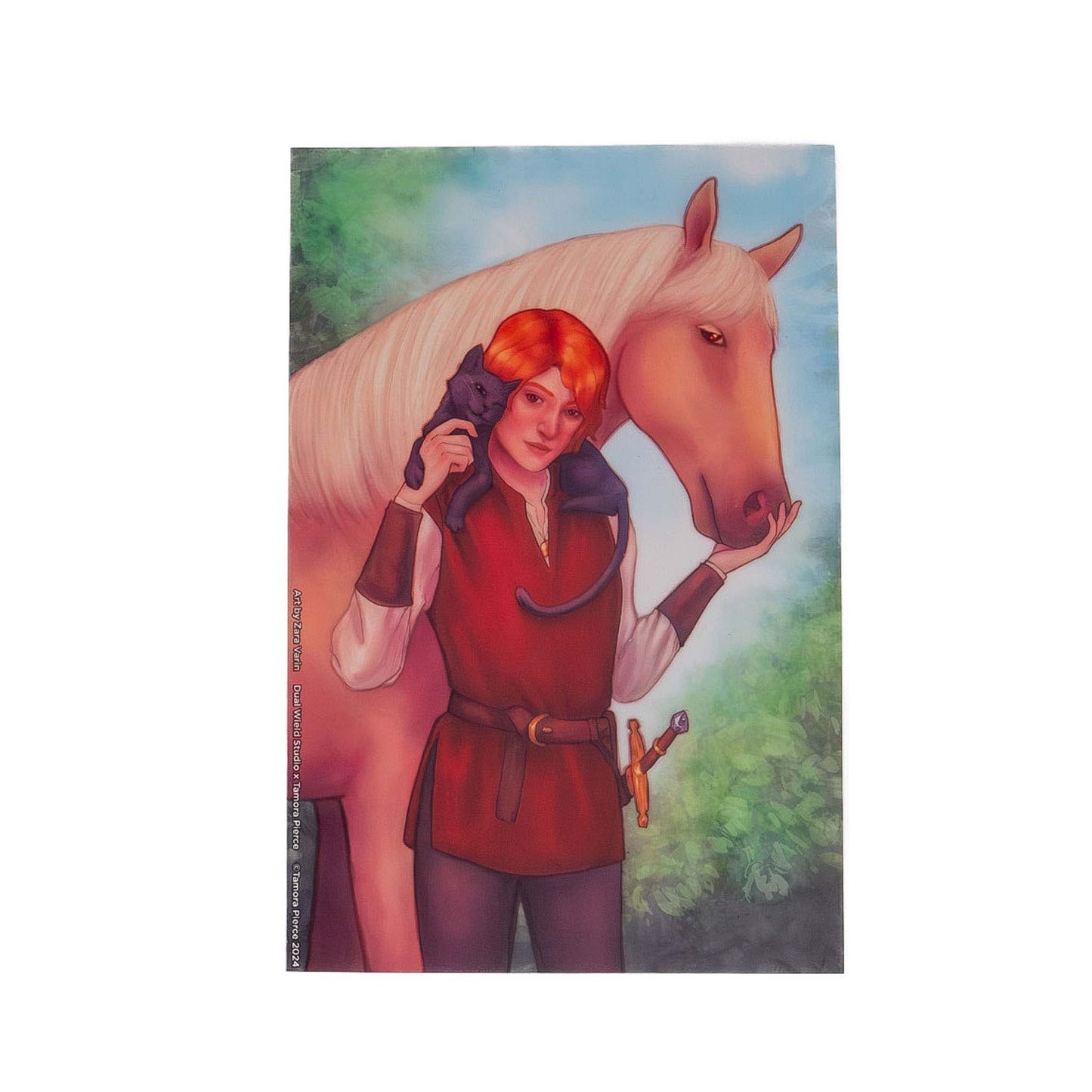 A product photo of violet-eyed Alanna gazing at the viewer, with Moonlight the horse’s nose nuzzling her palm. Faithful the black cat is draped around her shoulders, nuzzling Alanna’s head.