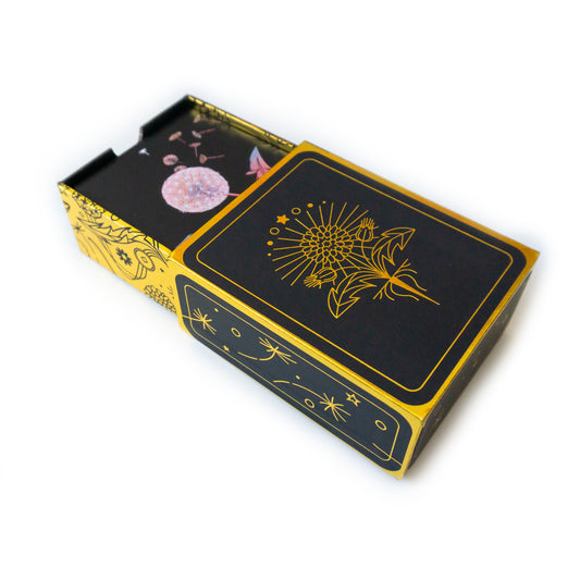 The deck holder for the Botanica Tarot. It is a drawer style box that is black with gold detailing and linework of a blooming dandelion puff. The drawer is open and holds the card with the painting of the dandelion (The Fool) on top.
