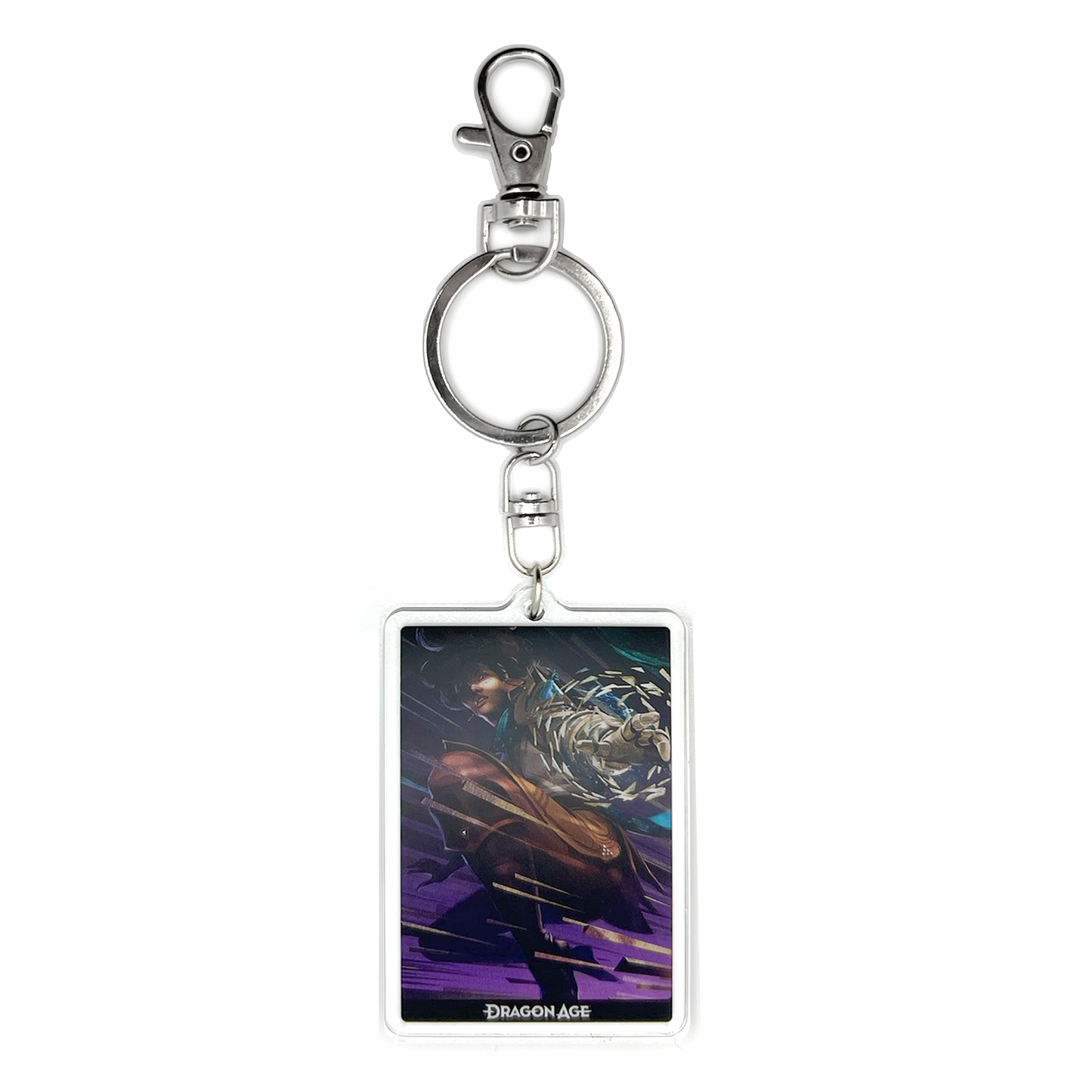 A product photo of the Bellara acrylic keychain. The keychain is rectangular and depicts an illustration of Bellara leaping toward the left and looking down toward the viewer. Dramatic shadows and spikes cut through the portrait, and Bellara is reaching toward the viewer with a gloved hand surrounded by floating shards.