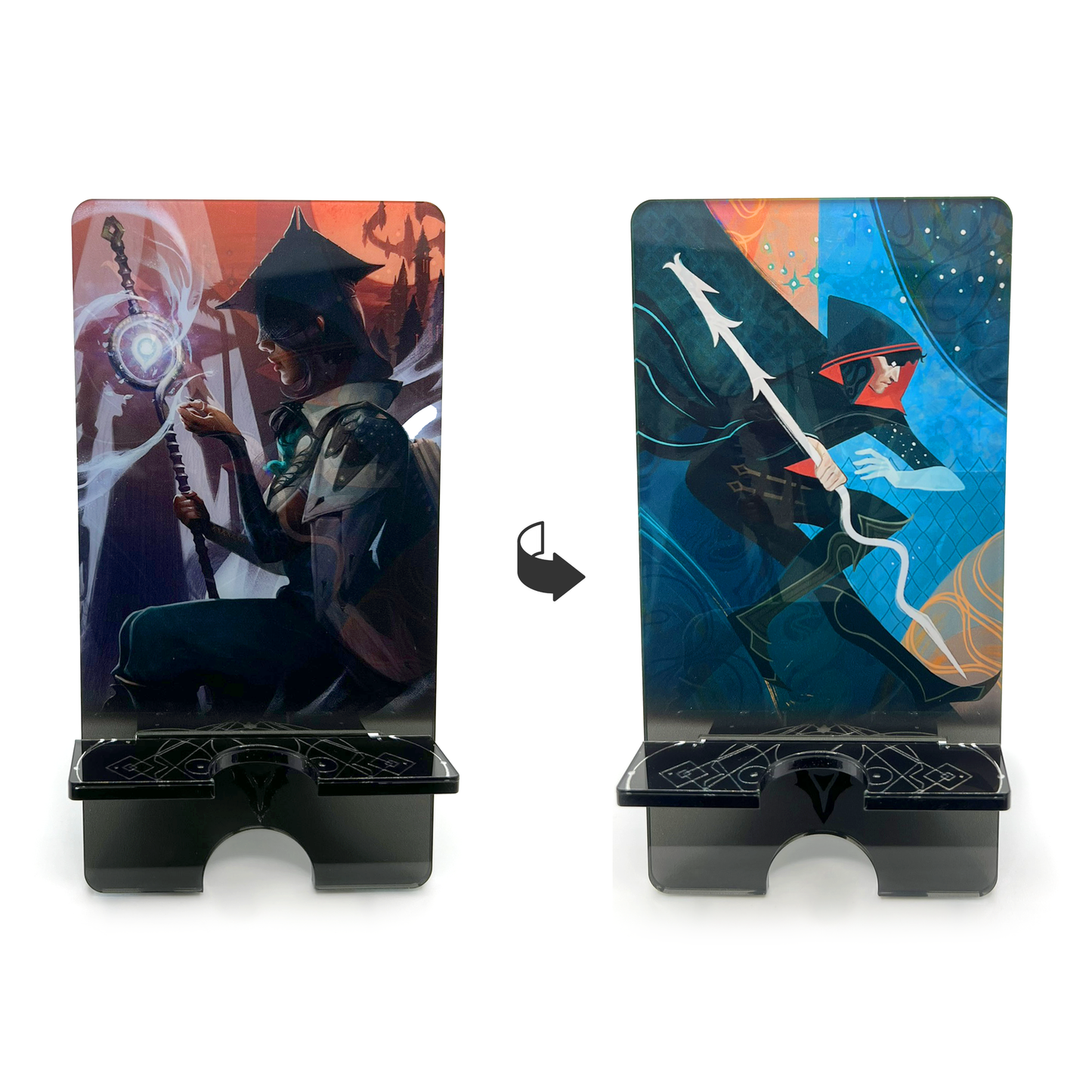 A product photo of both sides of the Neve acrylic standee. It depicts an illustration of Neve, seated facing left, looking at her staff. Ice magic wisps travel from her hand and surround her staff. City details of Minrathous loom in the background. The opposite side of the standee depicts art of the Shadow Dragons faction. A hooded figure wielding a crooked mage staff leaps across the frame.