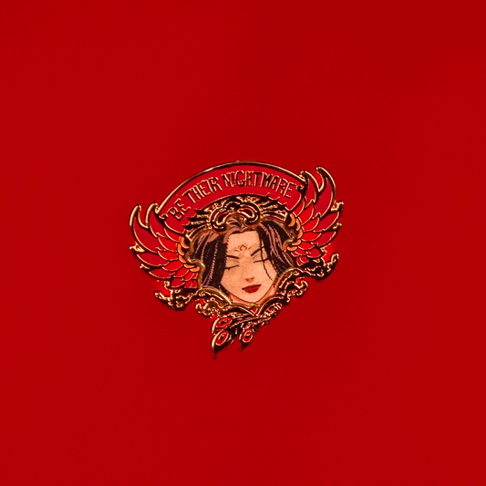 A gif of the Be Their Nightmare lenticular pin against a red background, showing Zetian's face changing from calm to unhinged, depending on the angle of the pin.