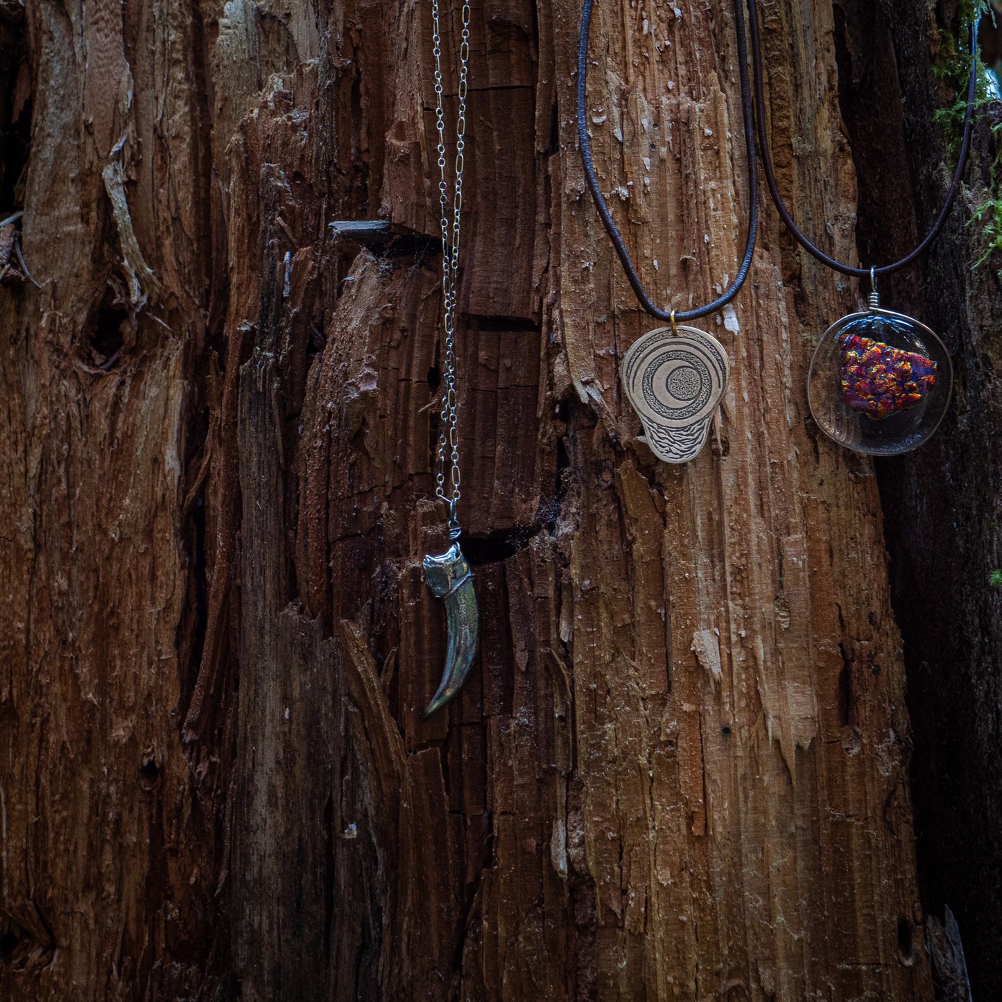 The silver badgerclaw necklace, the pregnancy charm, and the ember glass necklace hanging in a row in front of a hewn and mossy tree stump.