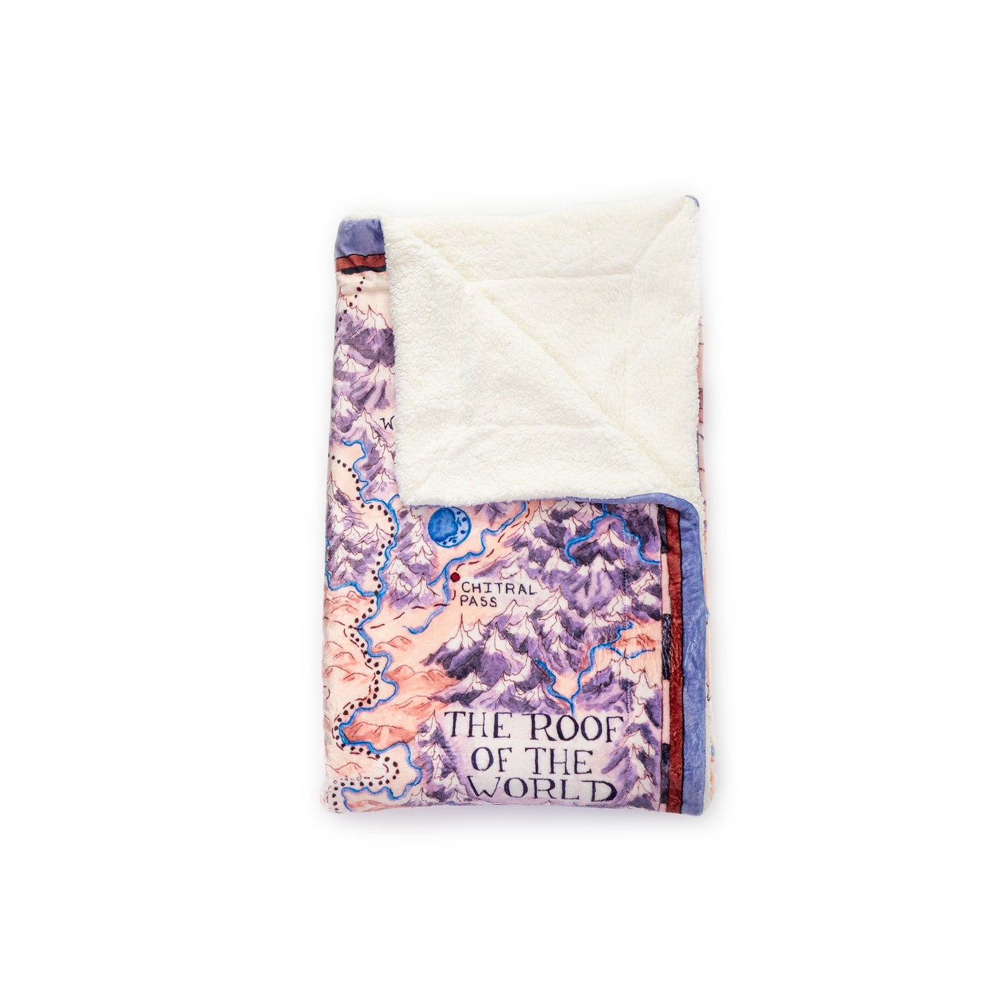 A folded Tortall Map Blanket with one corner folded over to show the white sherpa lining.