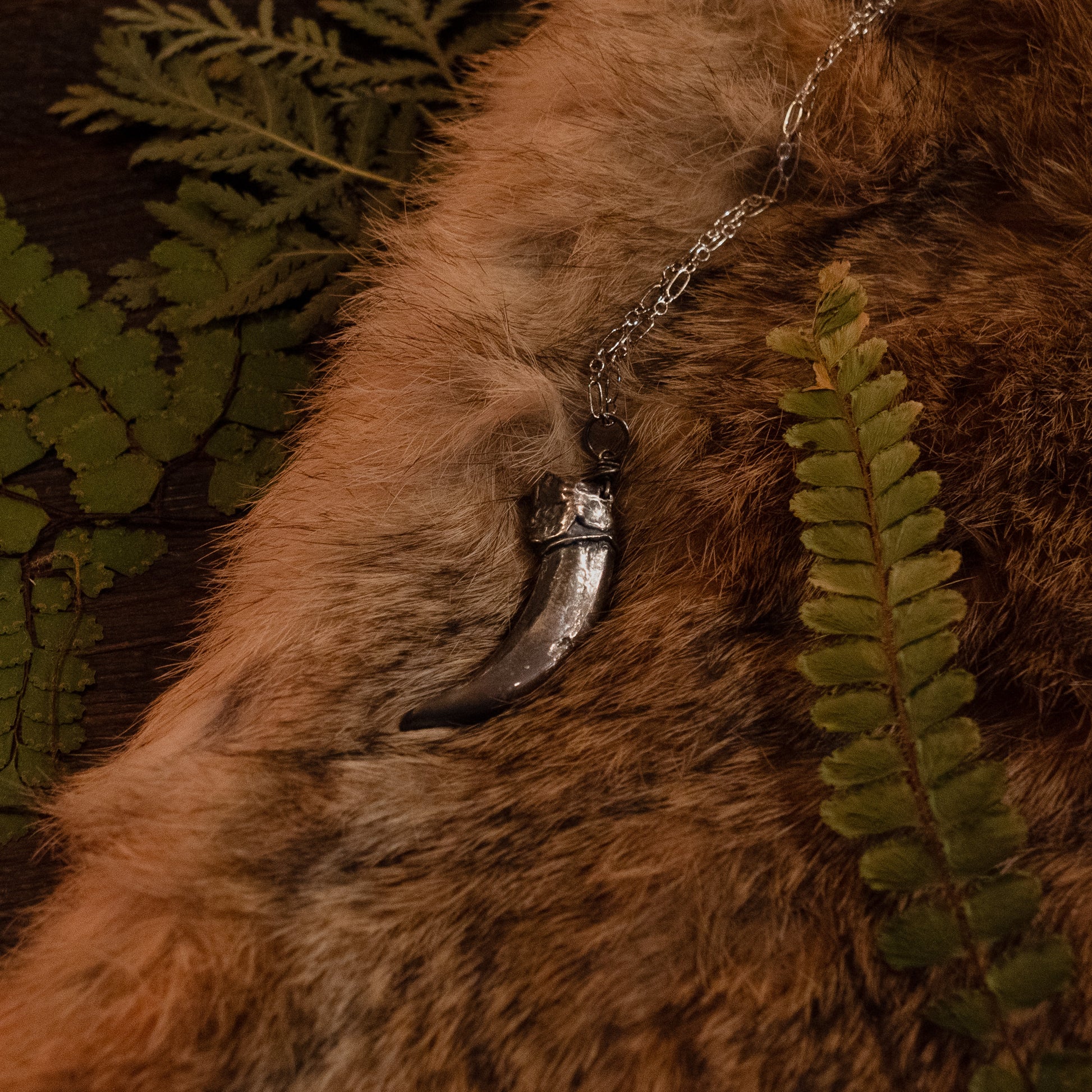 close-up of the badger claw pendant resting on brown fur, with foliage around the edges of the frame.