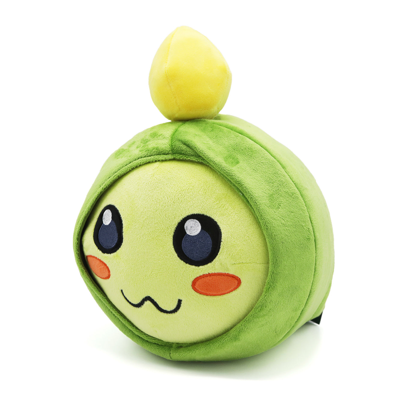 Angle view of green Pilfer plush on white background