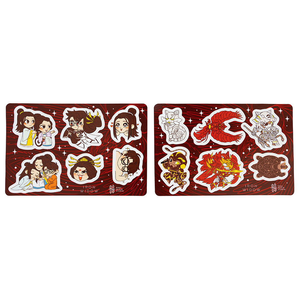 Iron Widow: Trio Sticker sheet side by side on a white background with the Iron Widow: Mecha Sticker sheet which depicts stylized stickers of the Chrysalises on a matching dark red phoenix sticker background.