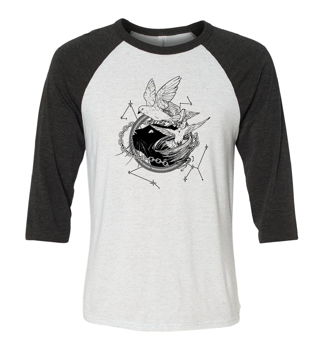 Charcoal sleeved baseball tee with Dustspinners, constellations, and chains swirling around Faithful the cat