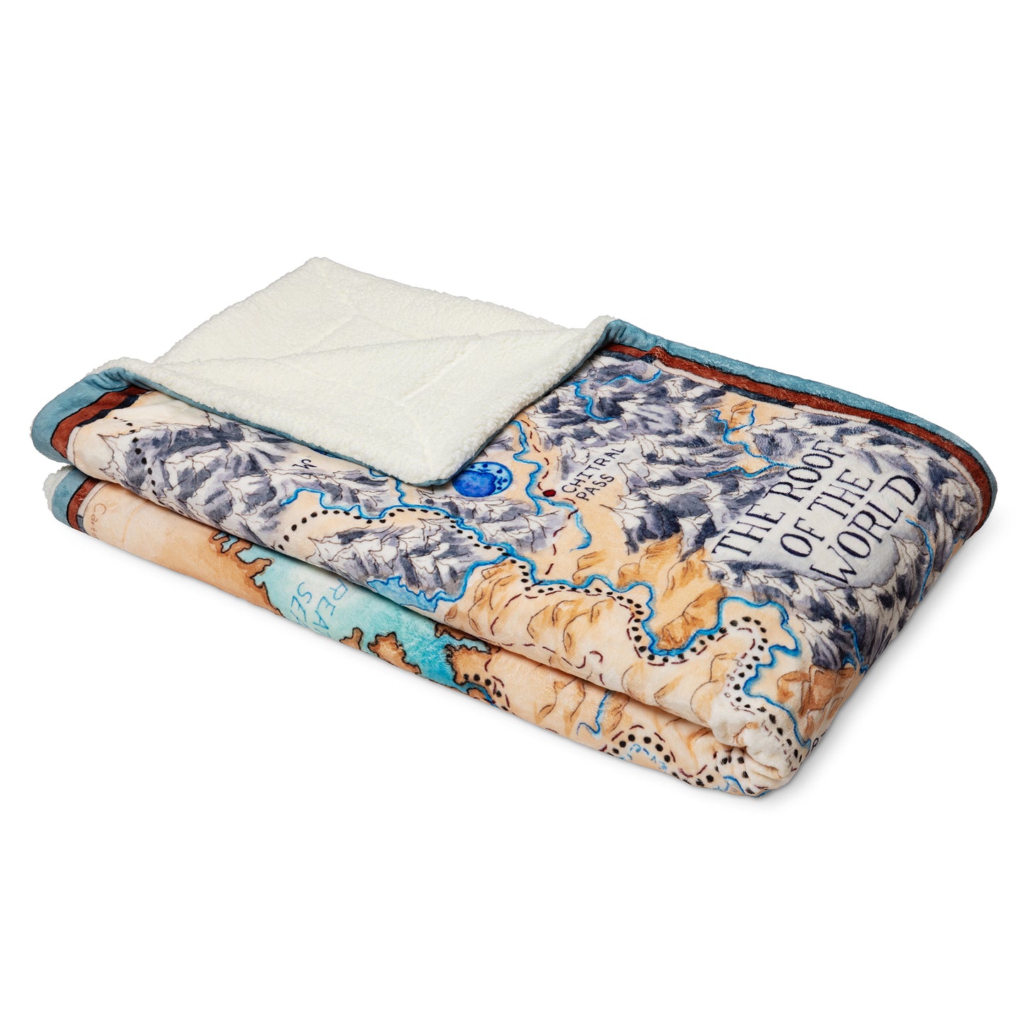 Angled view of the Tamora Pierce Sherpa-lined Tortall Map blanket folded into a rectangle.