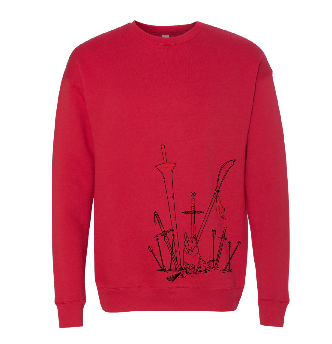 Red sweatshirt, showing black outlined weapons embedded in the ground around a sitting Jump the dog.