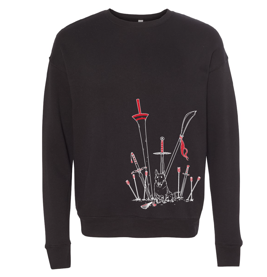 Black sweatshirt, showing white and red outlined weapons embedded in the ground around a sitting Jump the dog.