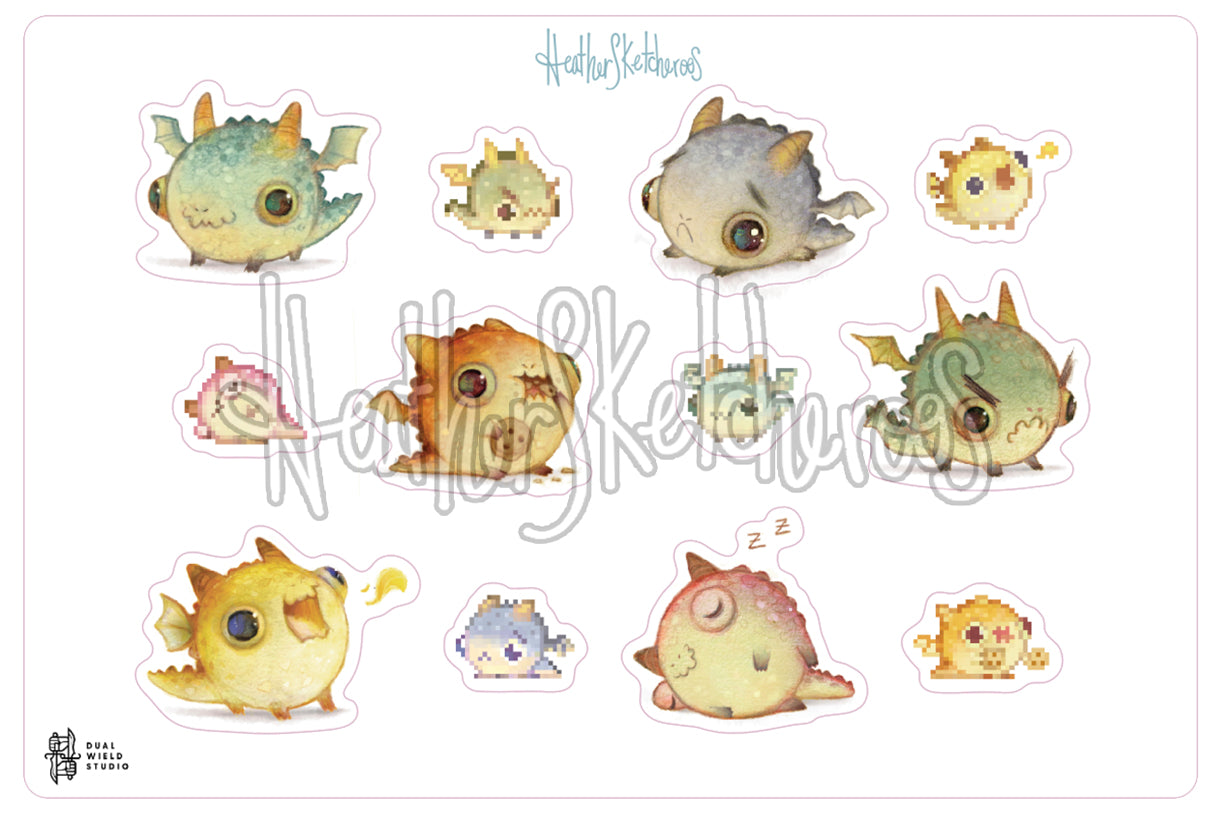 Art mockup of sticker sheet of 12 Dwagons.