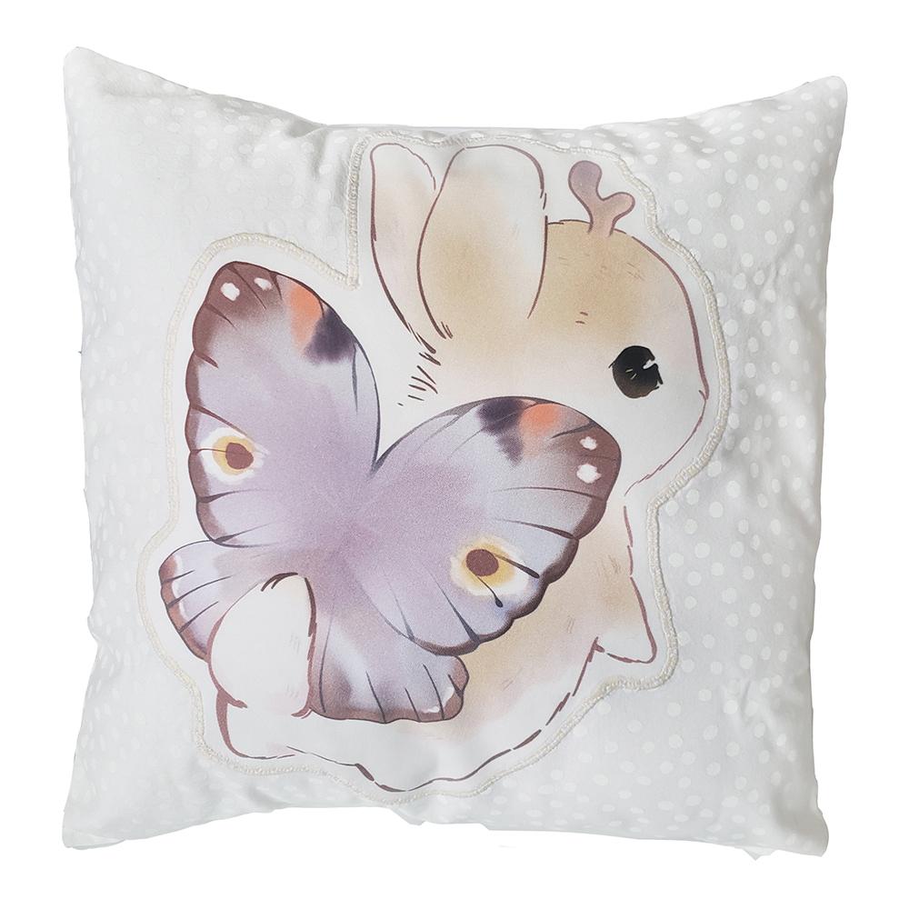 Front view of pillow case featuring a polka dot pattern on cotton fabric. Ferdinand has been stitched onto the pillow.
