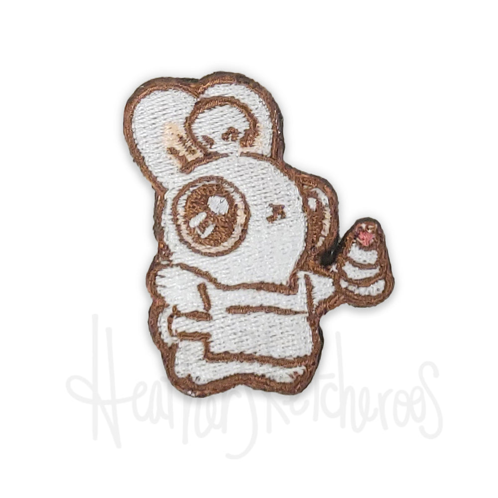 Single Baker Bunneh patch on white background.