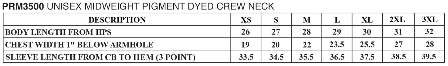 Size chart for PRM2500 Unisex Midweight Pigment Dyed Crew Neck.