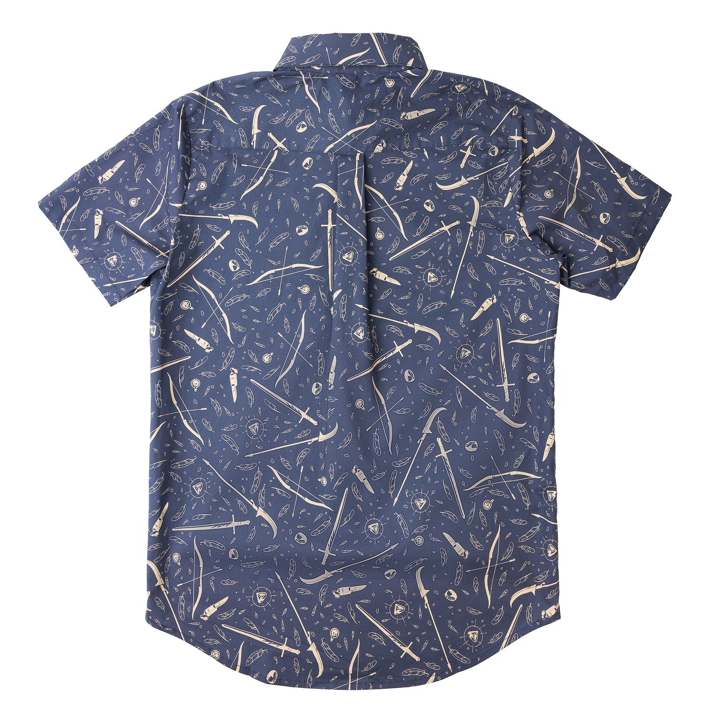 Back of Steel blue short-sleeve button up with cream colored weapons, magical items, and feathers pattern.