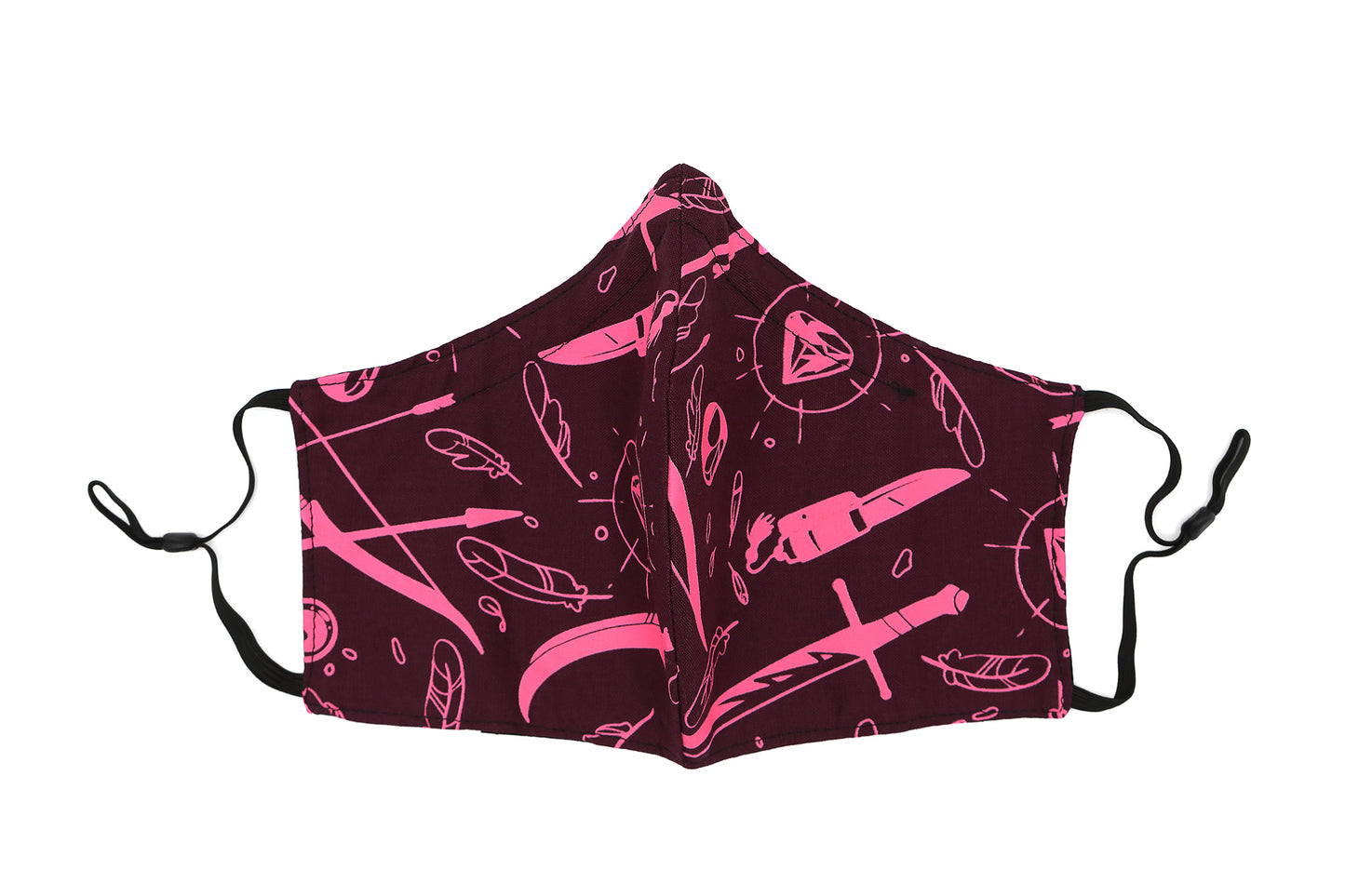 Front of dark red Tamora Pierce: Weapons & Spells mask with pink pattern of different medieval weapons, magical objects, and feathers pattern. Mask has black adjustable ear loops.