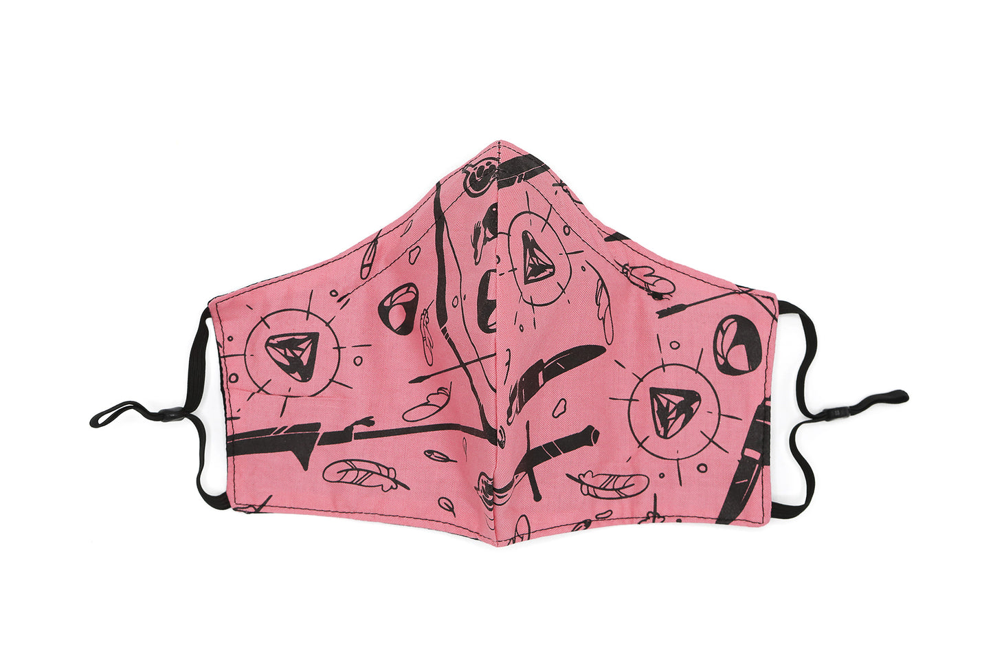 Front of pink Tamora Pierce: Weapons & Spells mask with black pattern of different medieval weapons, magical objects, and feathers pattern. Mask has black adjustable ear loops.