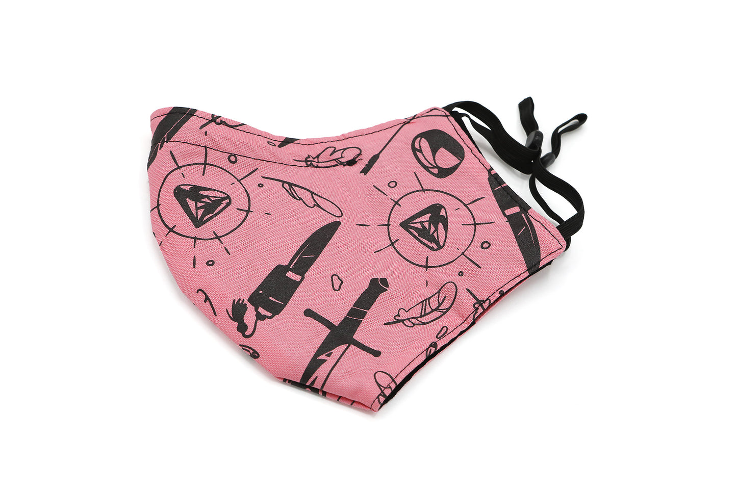 Side view of light pink Weapons & Spells mask folded in half.