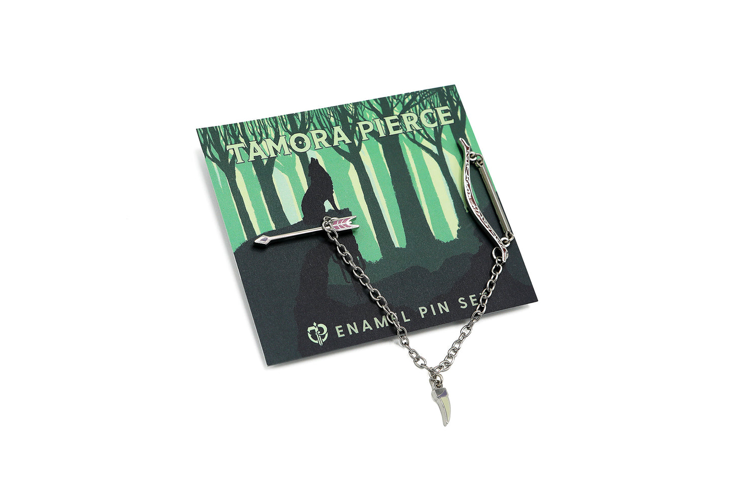 Angle view of Daine Linked Collar Lapel Pins.