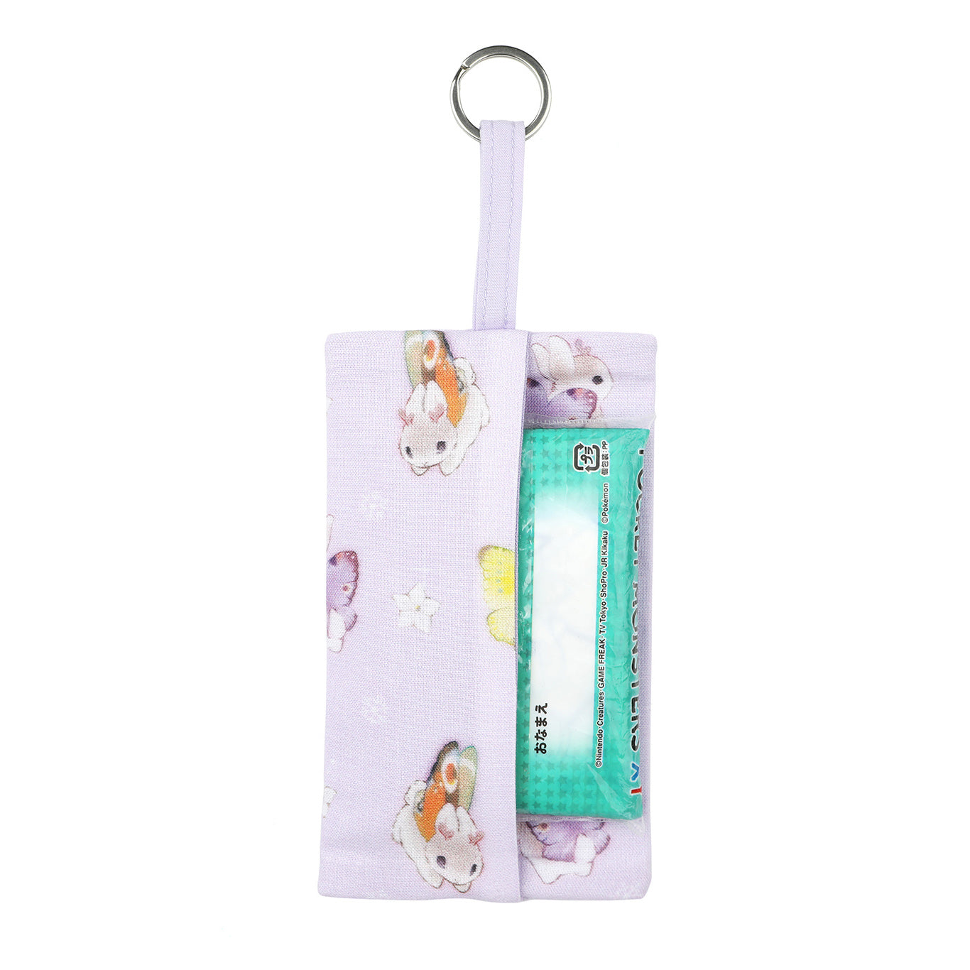Purple tissue holder holding small packet of tissues on white background.