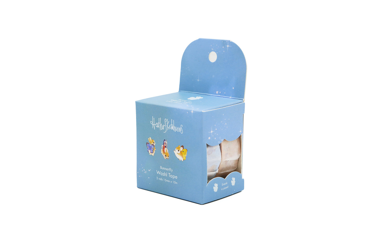 Side view of Light blue Bunnerfly washi tape packaging.