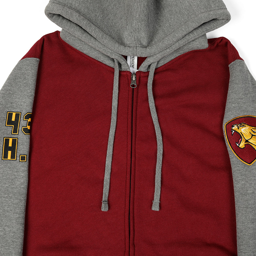 Front detail of red and grey Faithful varsity zip up hoodie.