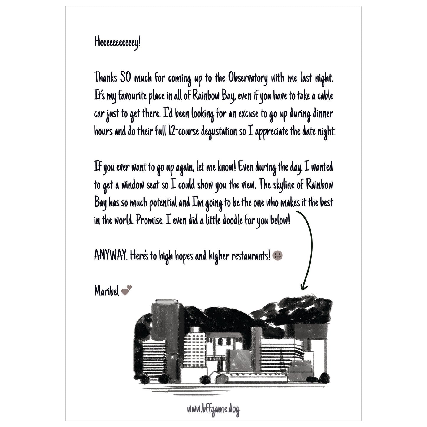 Mockup of a letter signed "Maribel" with two hearts and a detailed drawing of a cityscape in black and white. White background.