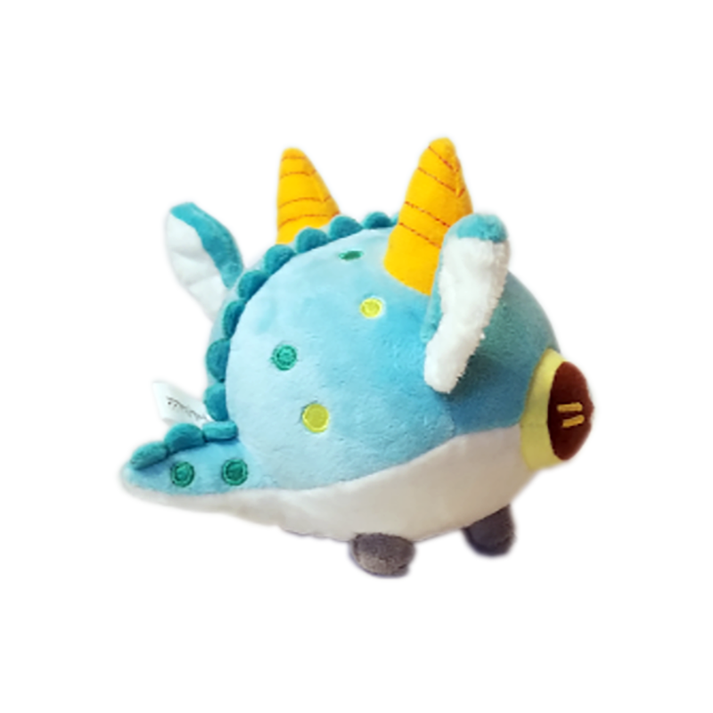 Back/side view of Meep the Dwagon plush on white background.