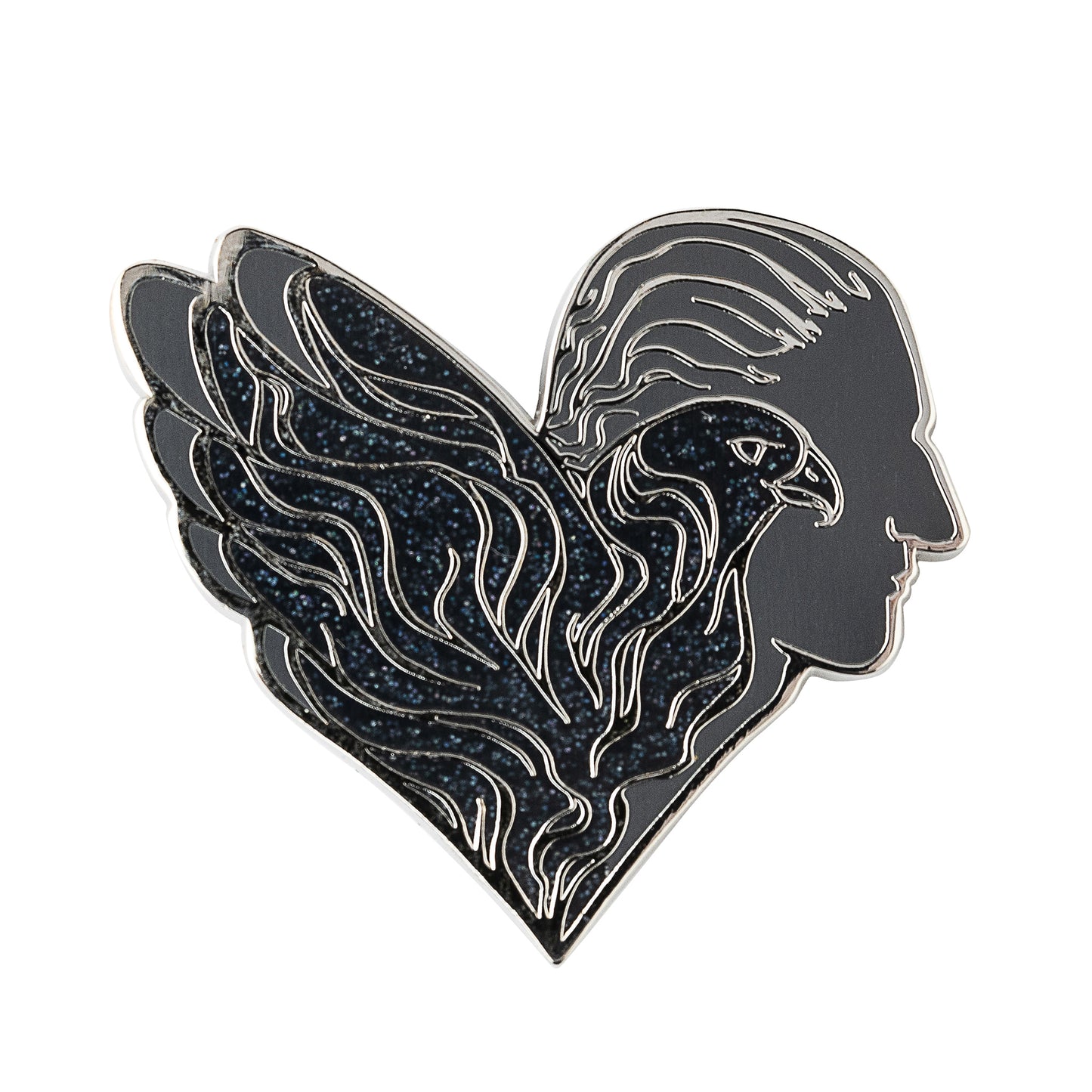 Black sparkling and grey Numair pin on white background.