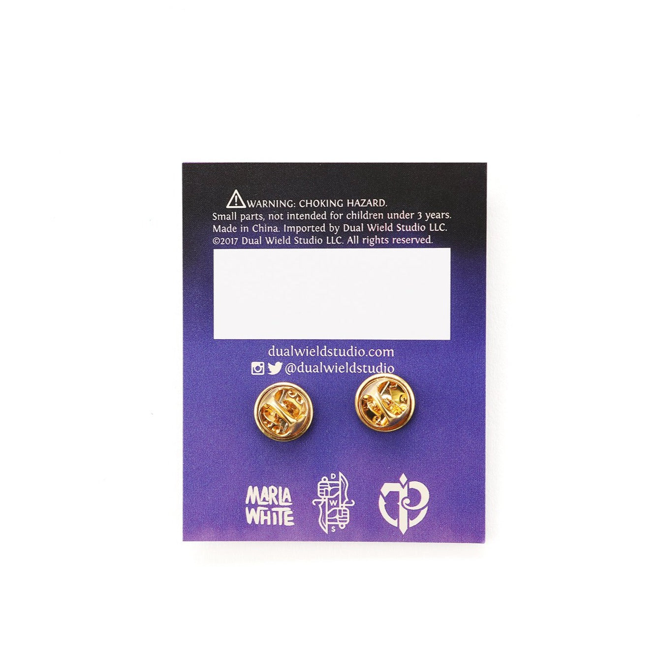 Back of Tamora Pierce backing card showing gold butterfly pin clasps.