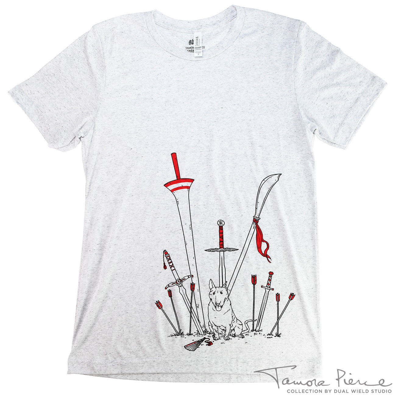 Light grey t-shirt, showing black and red outlined weapons embedded in the ground around a sitting Jump the dog.