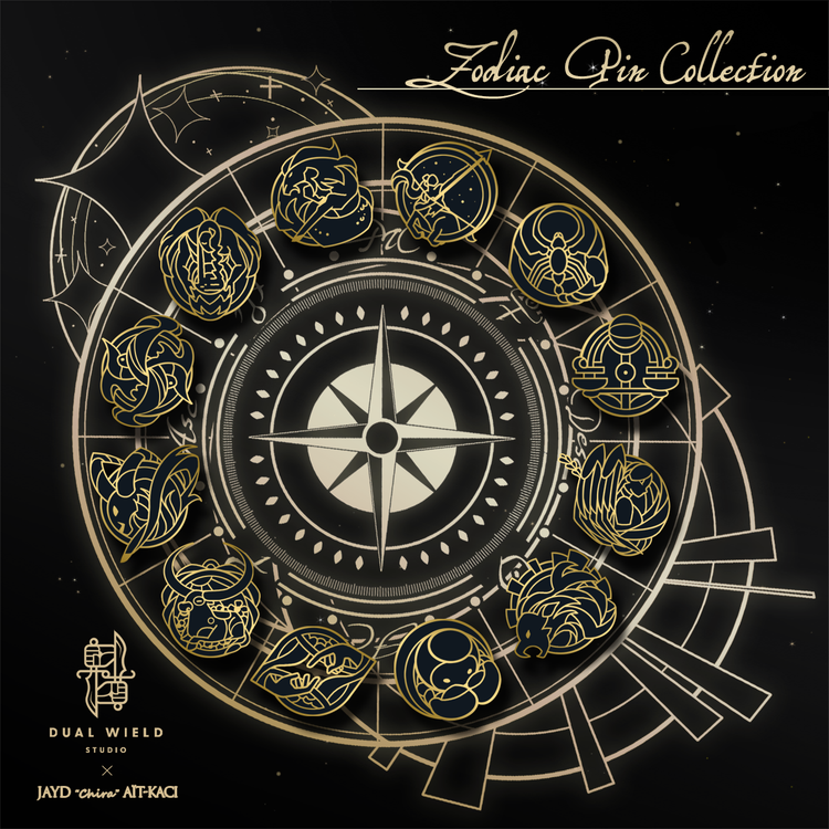 The zodiac pin collection presented together circling a compass rose.