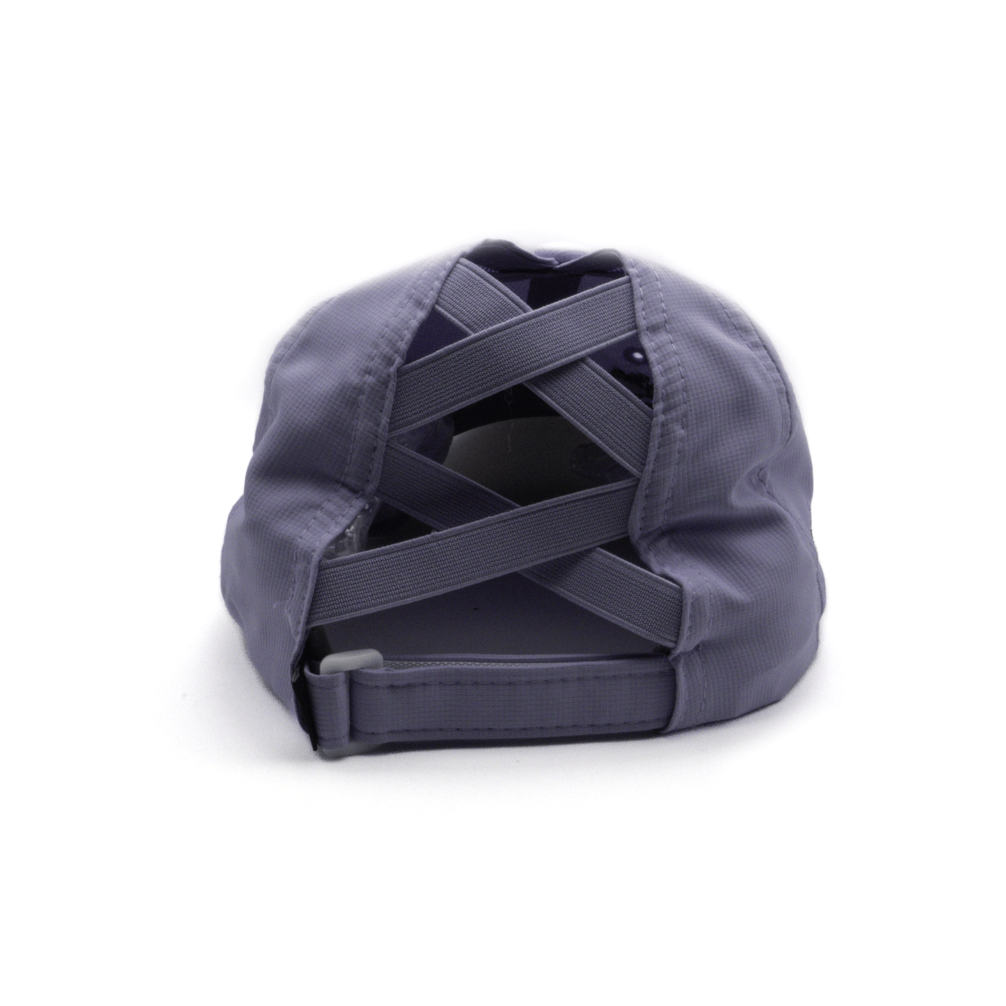 A product phot of the back of the lavender faithful Embroidered Hat. The back features one adjustable strap, with additional criss-crossed elastic straps for ponytail convenience.