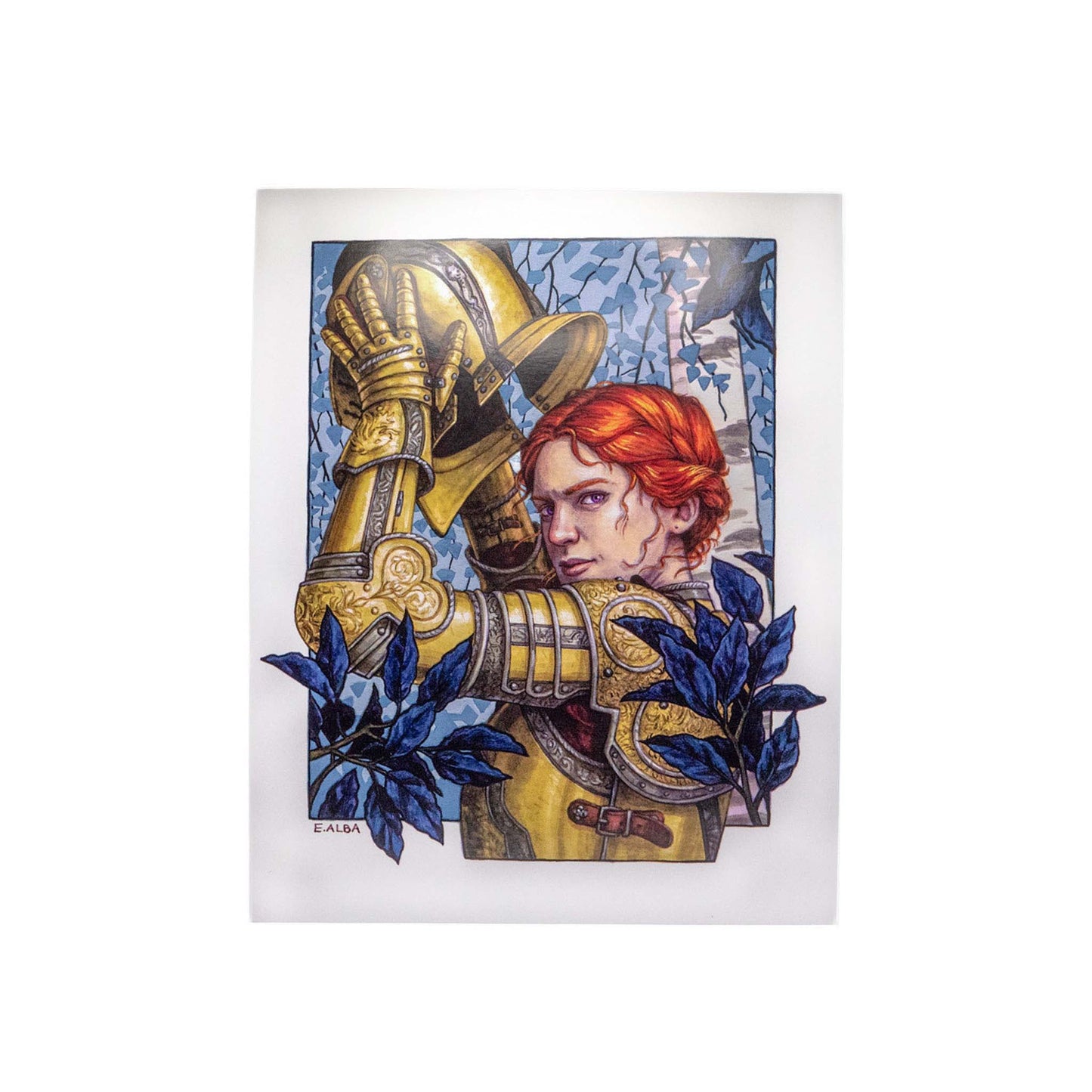 A portrait illustration of Alanna of Pirate's Swoop and Olau removing her helm and looking at the viewer. Her armor is golden and blue leaves surround her in the foreground and background.