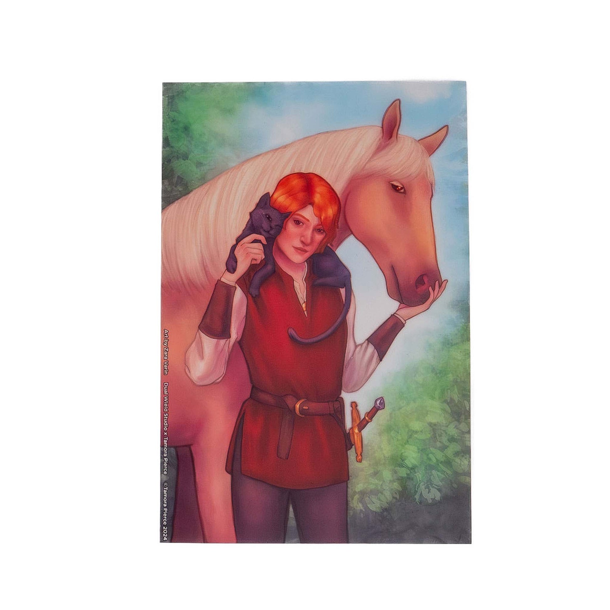 A product photo of violet-eyed Alanna gazing at the viewer, with Moonlight the horse’s nose nuzzling her palm. Faithful the black cat is draped around her shoulders, nuzzling Alanna’s head. 