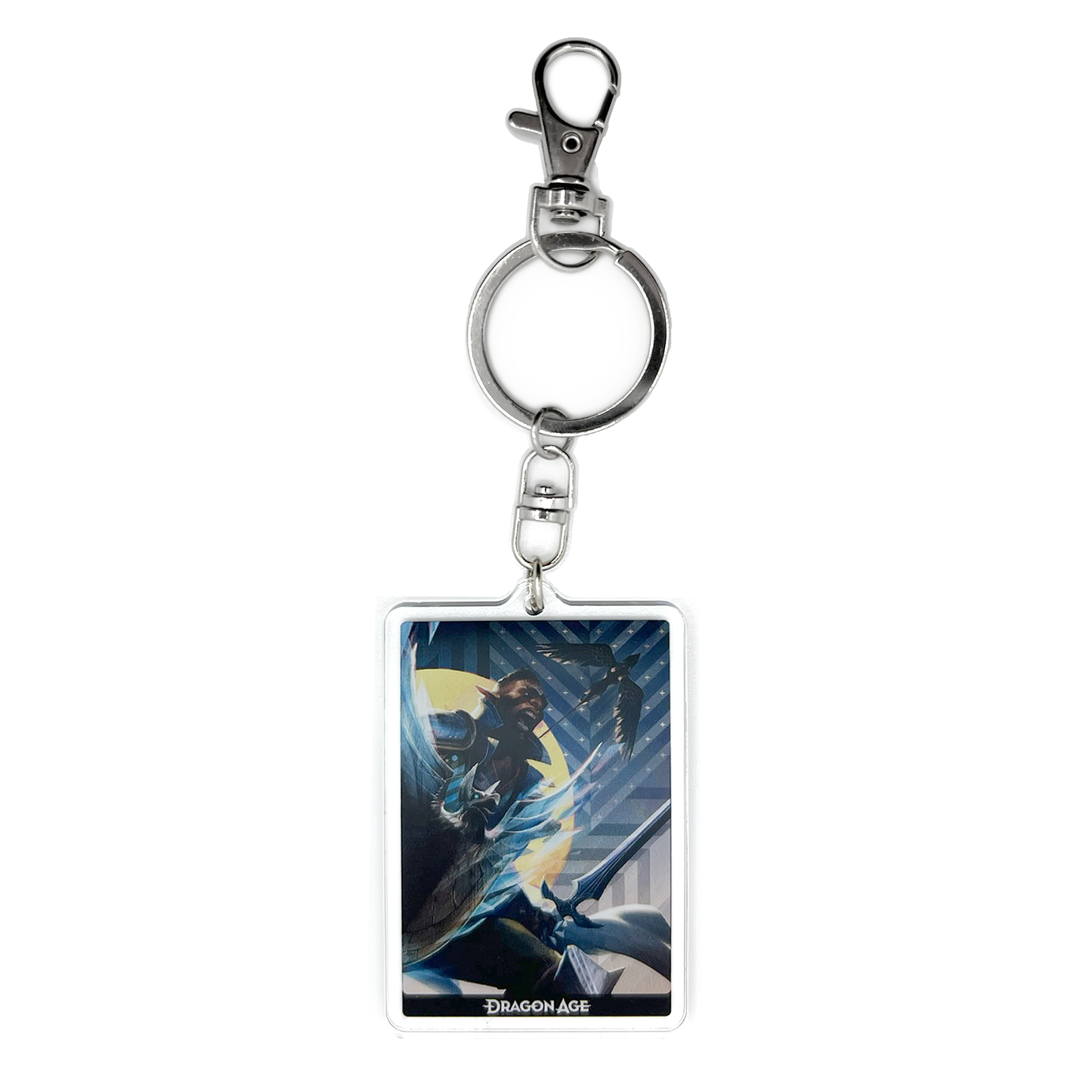 A product photo of the Davrin acrylic keychain. The keychain is rectangular and depicts an illustration of Davrin mid-war cry, carrying a sword and griffon shield and surrounded by more Grey Warden regalia. The silhouette of Assan the griffon soars above him.