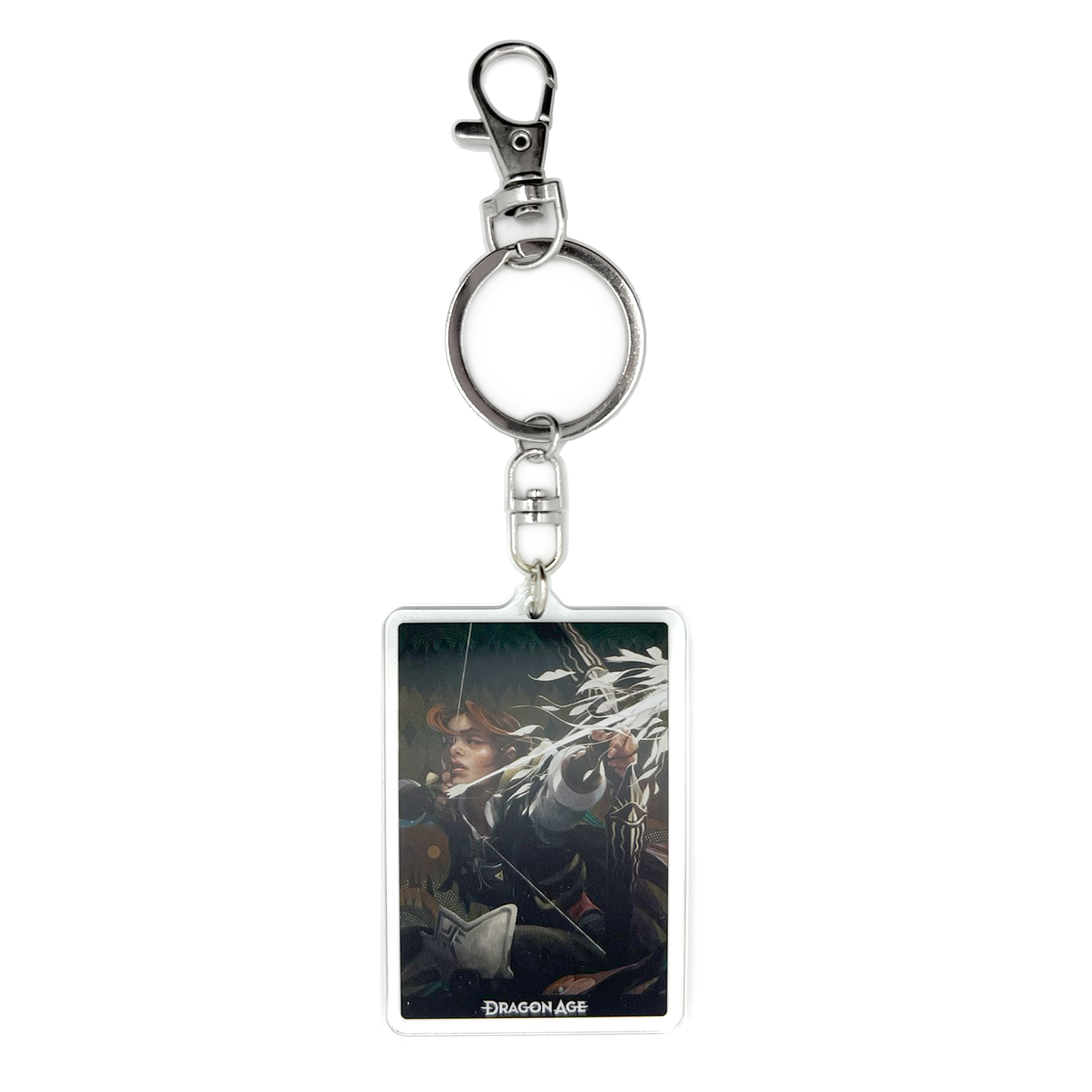 A product photo of the Harding acrylic keychain. The keychain is rectangular and depicts an illustration of Scout Lace Harding taking aim with her bow and arrow. The aimed arrow is buzzing with energetic, flowery white details.