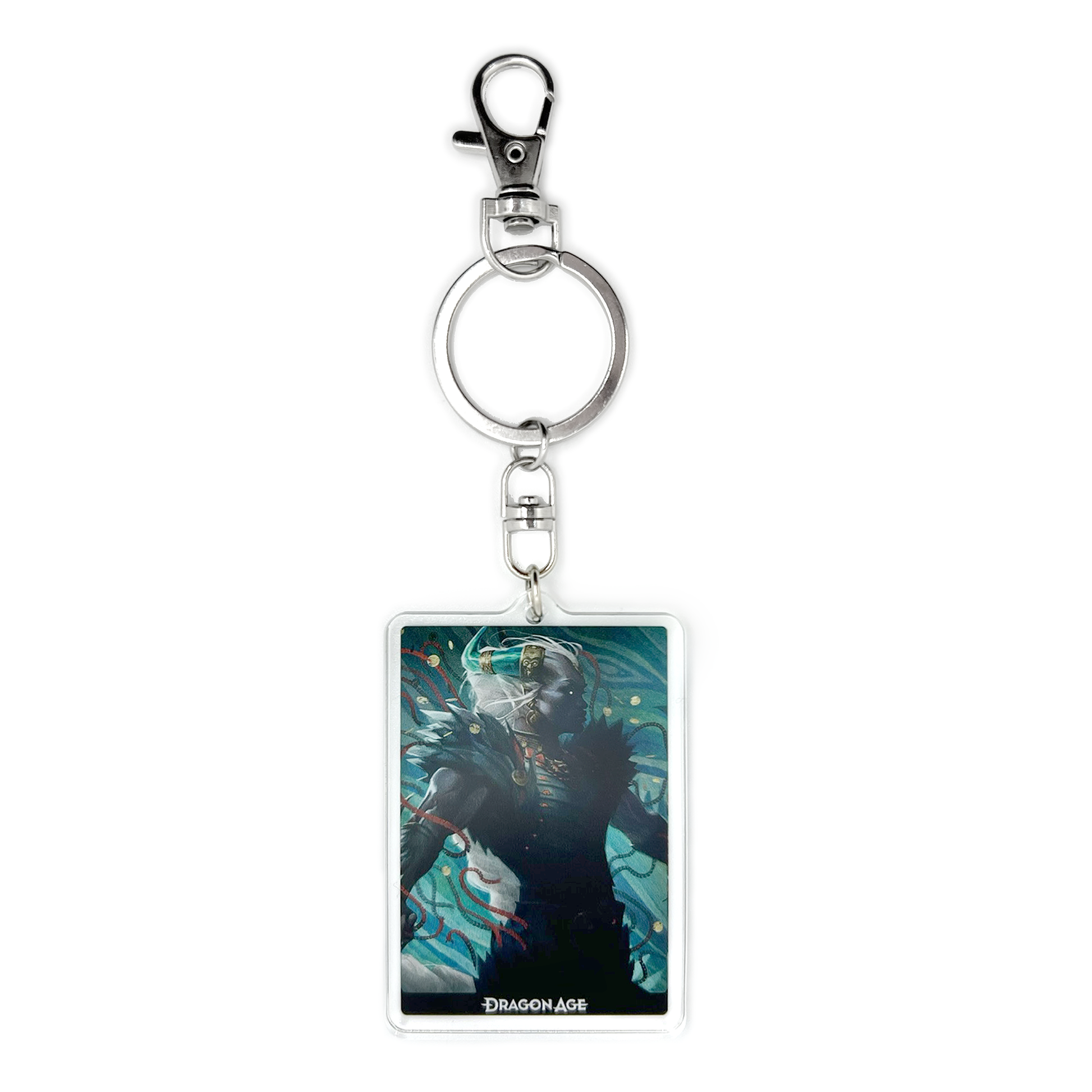 A product photo of the Taash acrylic keychain. The keychain is rectangular and depicts an illustration of Taash, standing tall and looking to the right, surrounded by teal details and gold coins.