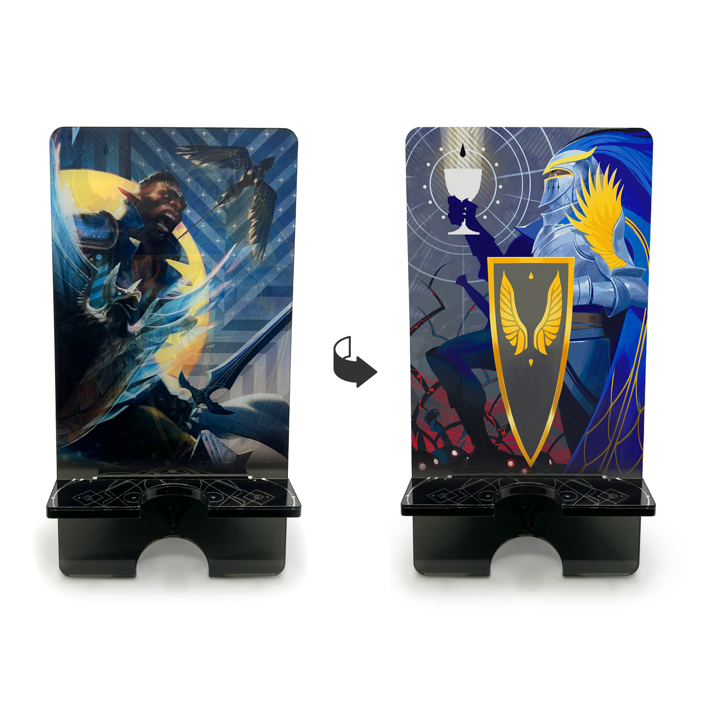 A product photo of both sides of the Davrin acrylic standee. It depicts an illustration of Davrin mid-war cry, carrying a sword and griffon shield and surrounded by more Grey Warden regalia. The silhouette of Assan the griffon soars above him. The opposite side of the standee depicts art of the Grey Wardens faction. A fully armored Grey Warden in profile raises the glowing silhouette of a white goblet.