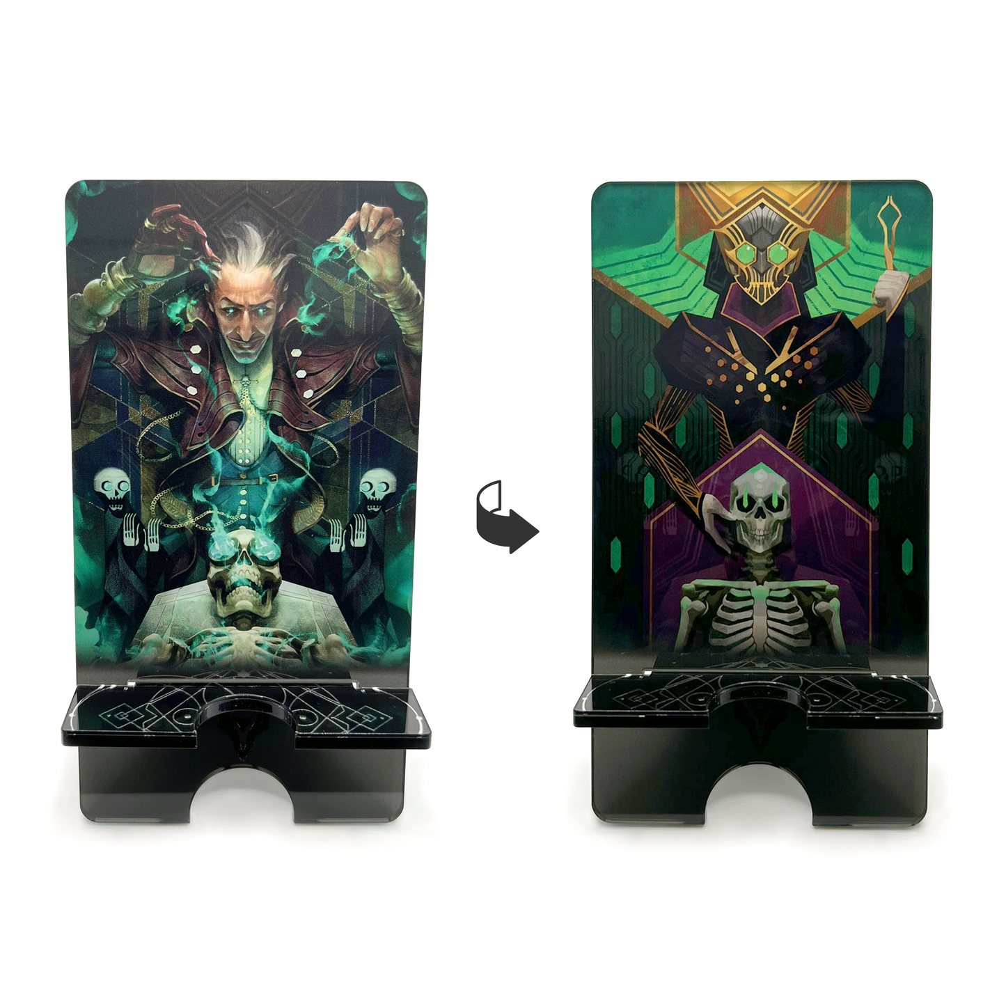 A product photo of both sides of the Emmrich acrylic standee. It depicts an illustration of Emmrich, leaning forward and grinning over his loyal skeleton Manfred, who is lying face up on a table. Magical green wisps surround Emmrich and Manfred, and are rising up out of Manfred’s goggled eye sockets. The opposite side of the standee depicts art of the Mourn Watch faction. It is similar to Emmrich’s illustration, but more of a flat art style where a Mortalitasi stands over a skeleton resting on a table, with