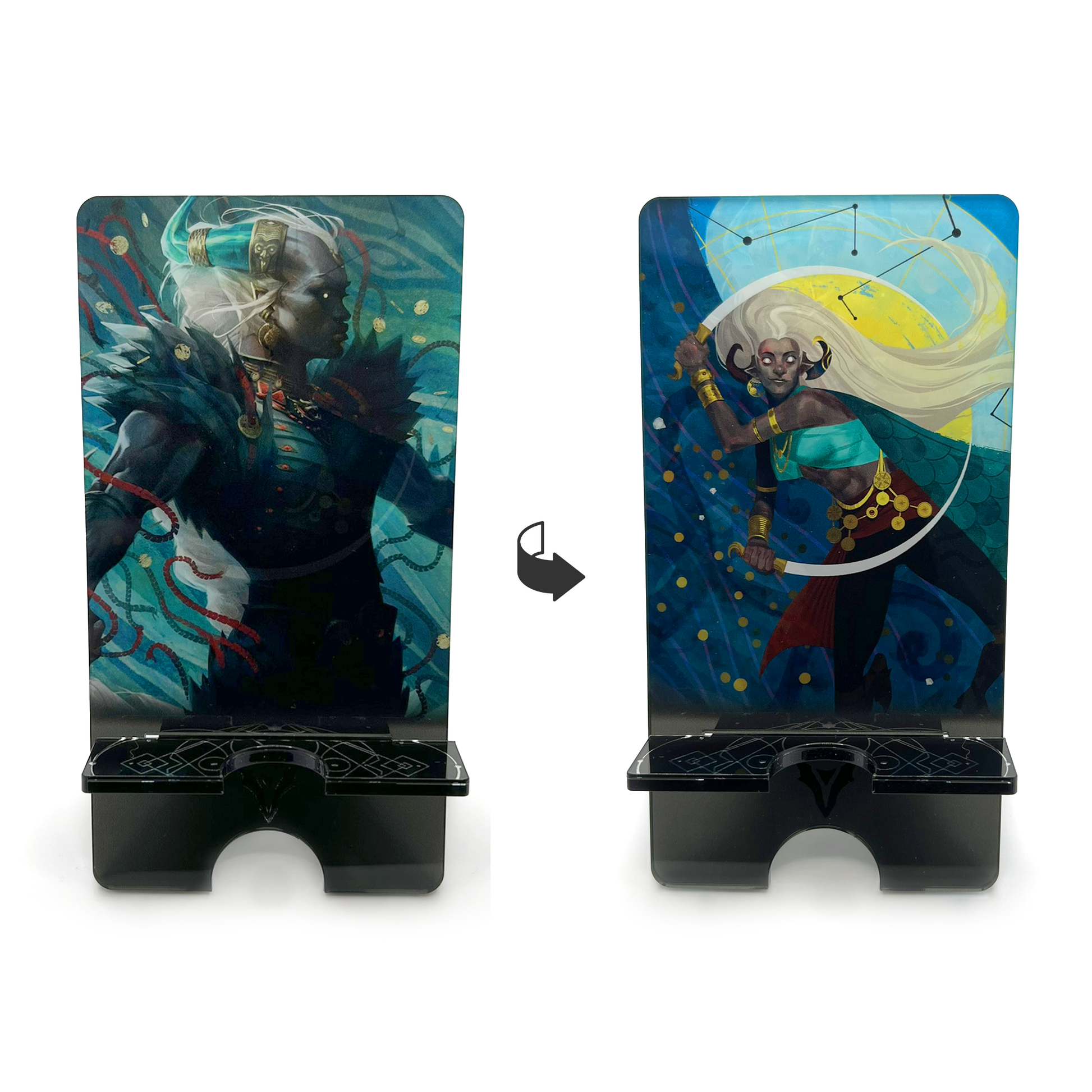 A product photo of both sides of the Taash acrylic standee. It depicts an illustration of Taash, standing tall and looking to the right, surrounded by teal details and gold coins. The opposite side of the standee depicts the Lords of Fortune faction art. A Qunari dual wields two blades in a flurried arc, so they form a circle around her. Fish scales, a wave, constellations, and coins fill the background.