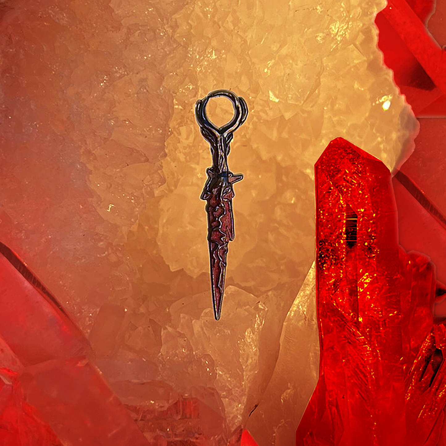 A photo from above of the Red Lyrium Dagger Enamel Pin, which is pointed downward on a background of red and yellow crystals.