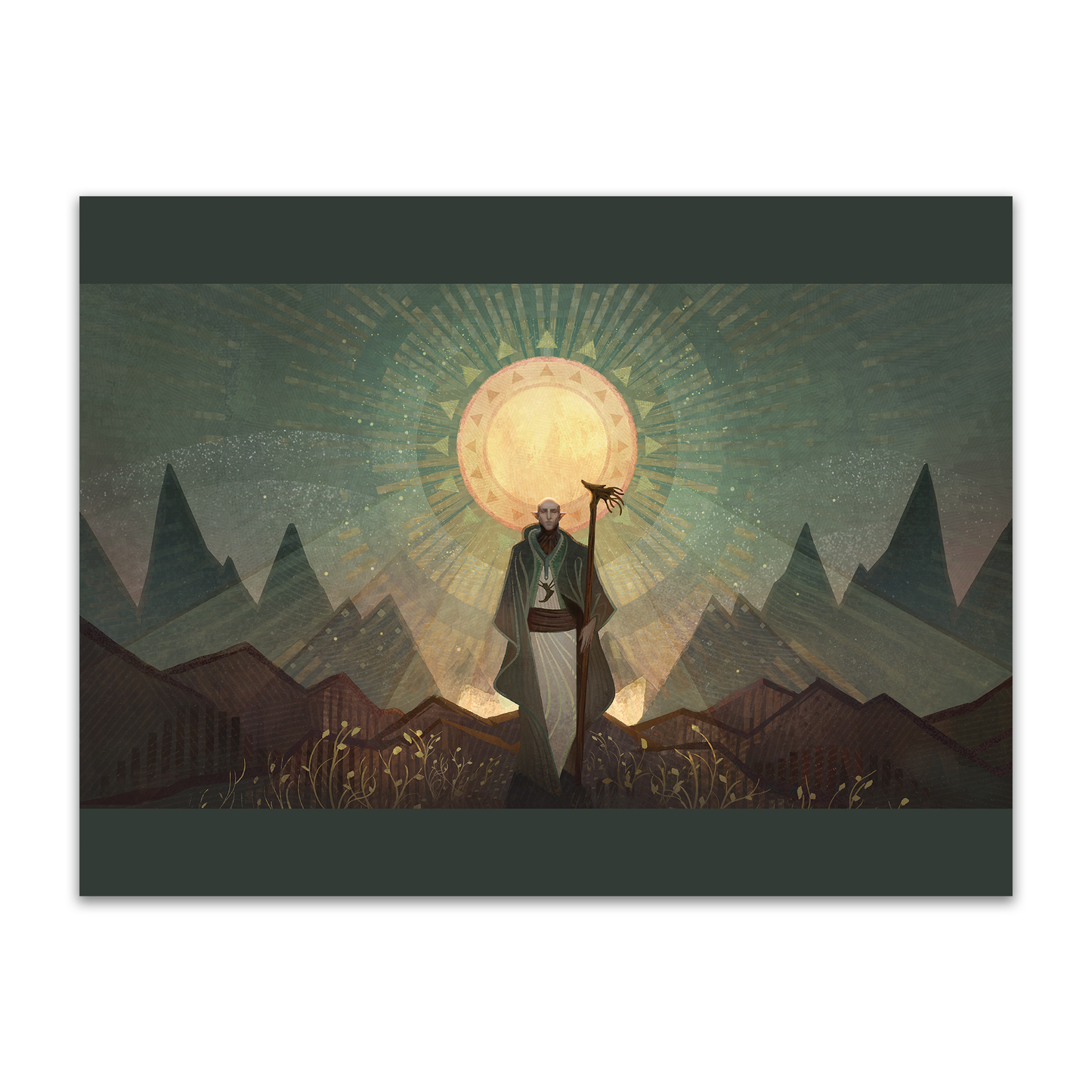 An illustrated print of Solas haloed by sun, which shines down upon mountains and plant growth around him.