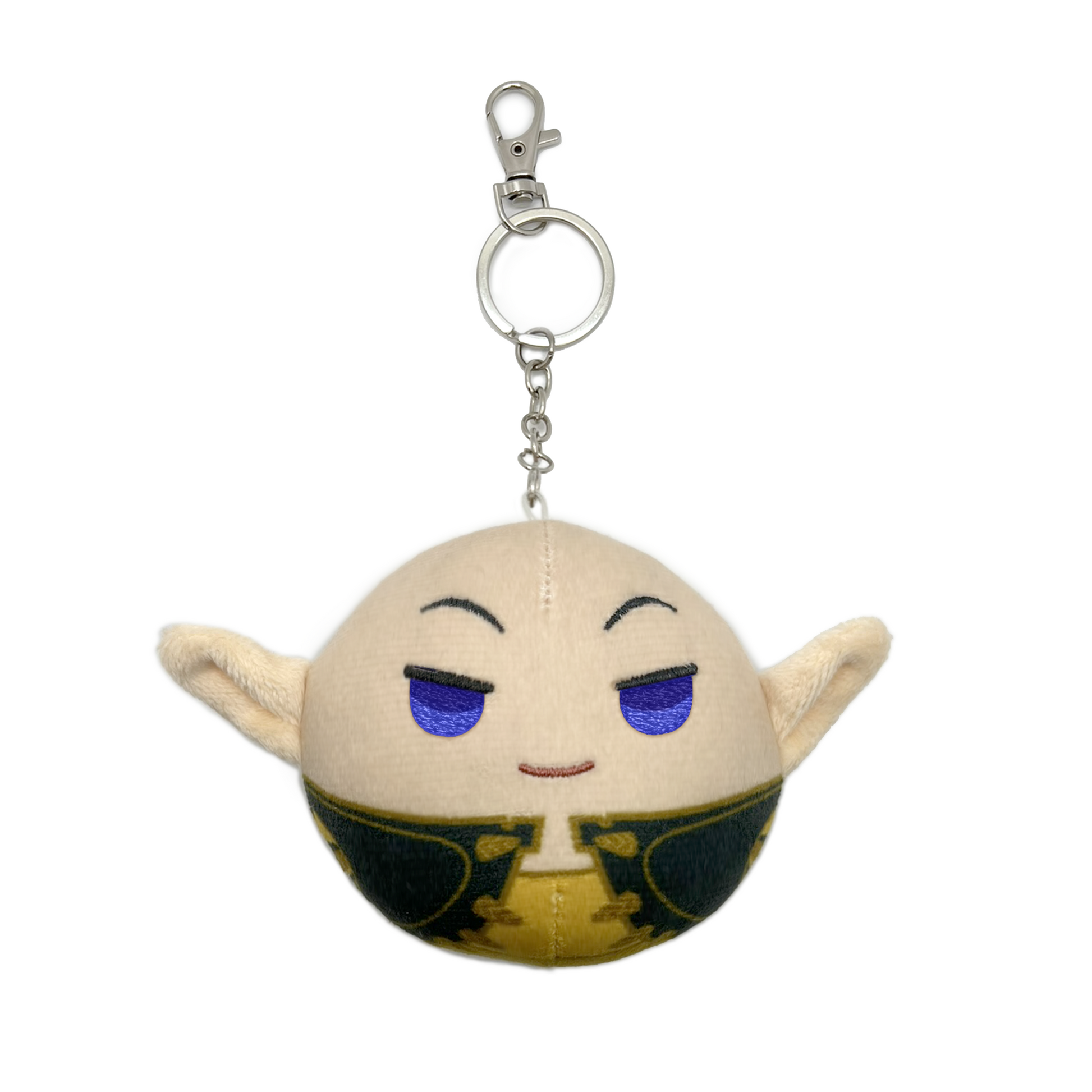 A product photo of the Solas Keychain Plush. The plush is on a silver lobster clasp keychain and is manjuu-style, with Solas’ ears sticking out from the main round-shaped plush. Solas is wearing his Veilguard outfit, which is printed onto the plush. His eyes are purple, and his expression is a sly smile.