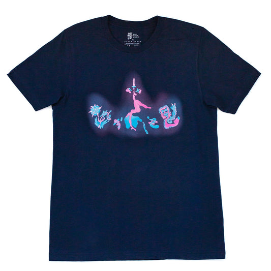 Pastel pinks, whites, and blues pop on this navy tee. Stylized humanoid shapes dance among discernable weapons such as a mace and dagger, but also grass and butterfly. The shapes are surrounded by a faint pastel blue and pink glow effect.