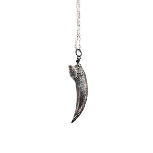 close-up of the silver curved badger claw pendant hanging from a delicate chain