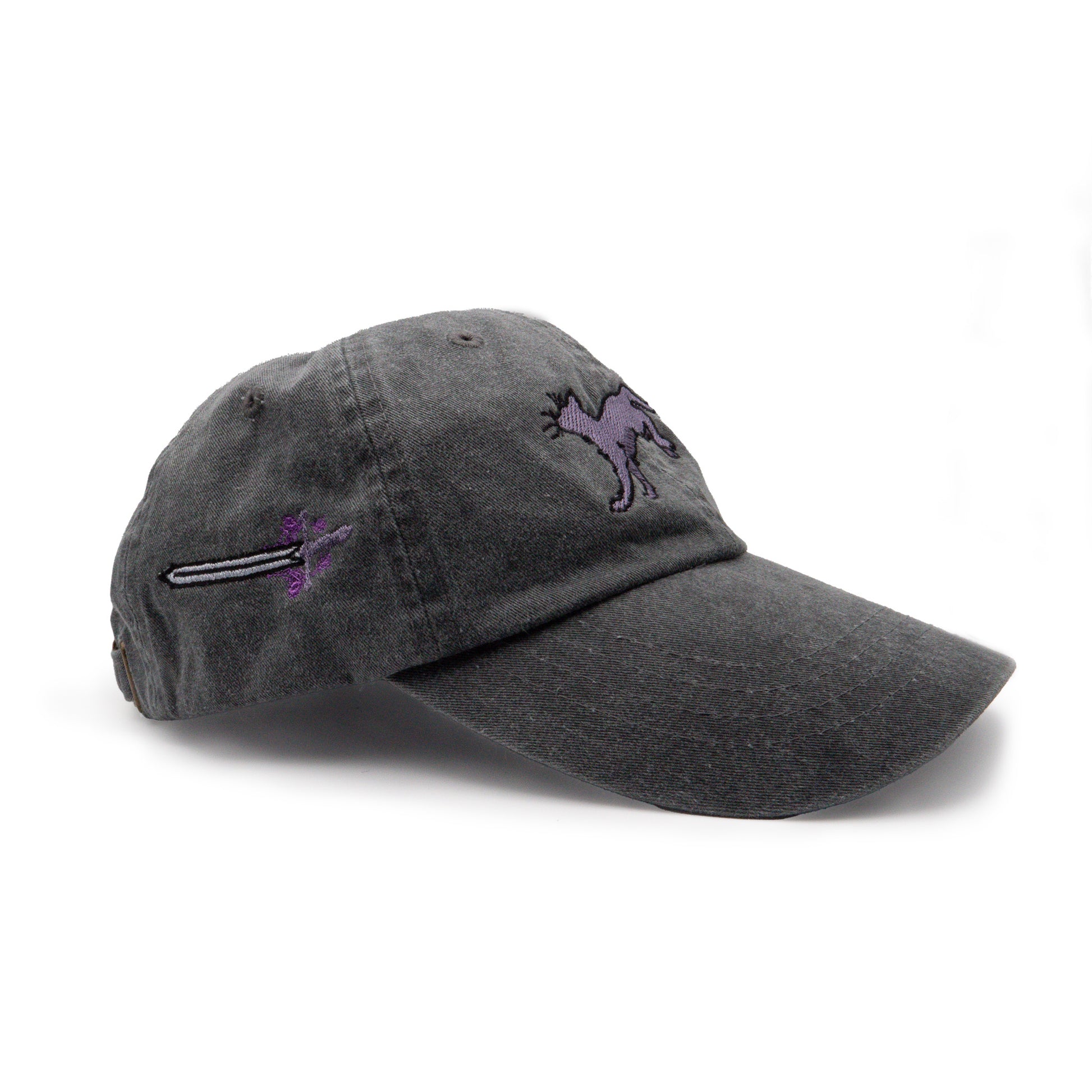 A three quarter product photo of the black faithful embroidered hat. The cap shows an embroidered lavender running faithful on the front, with a light grey embrroidered sword over purple flowers on the right side of the cap.