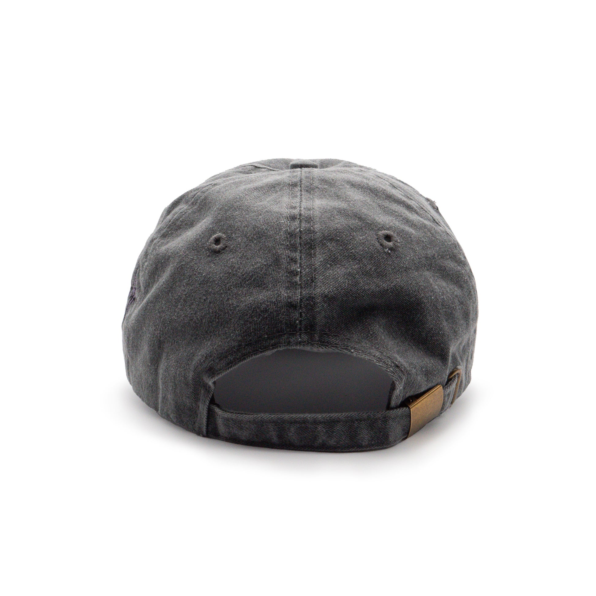 A photo of the back of the black faithful embroidered hat. There is a single adjustable strap.