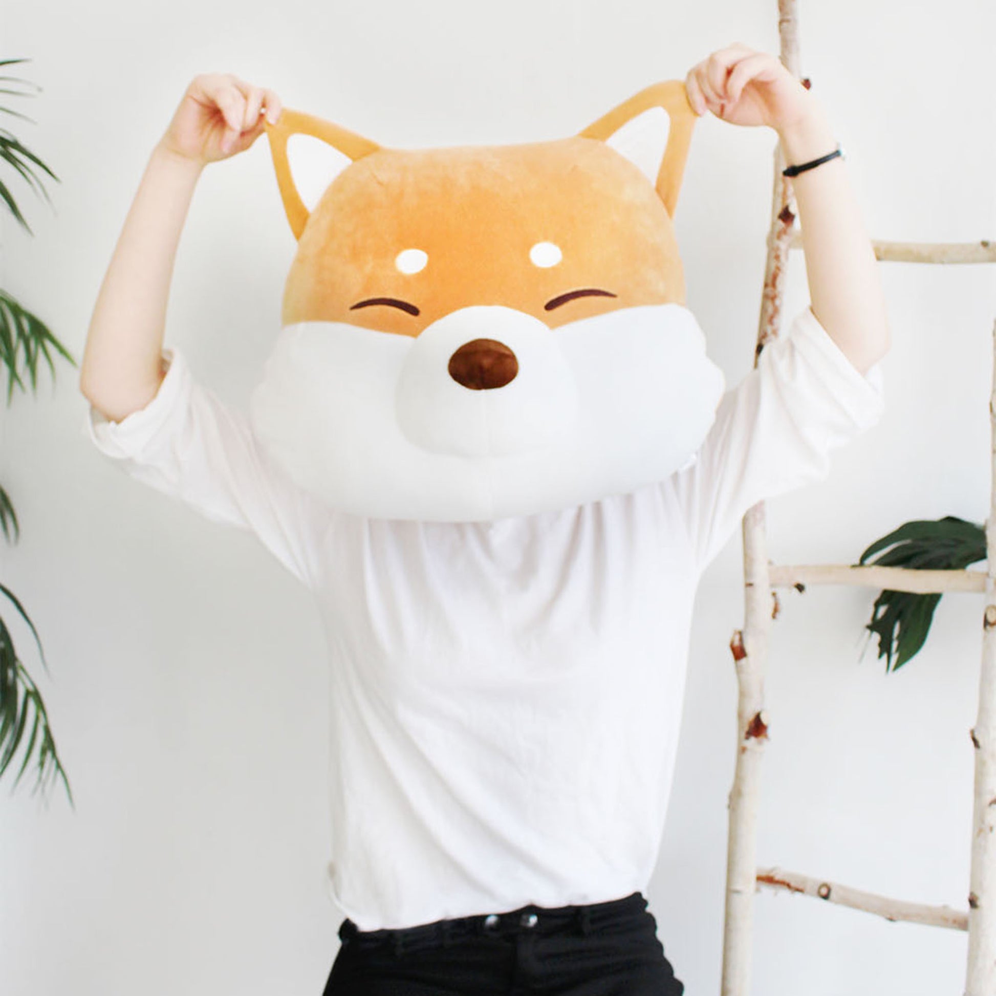 Model is holding the shiba face cushion by its ears in front of their face beside a birch ladder.