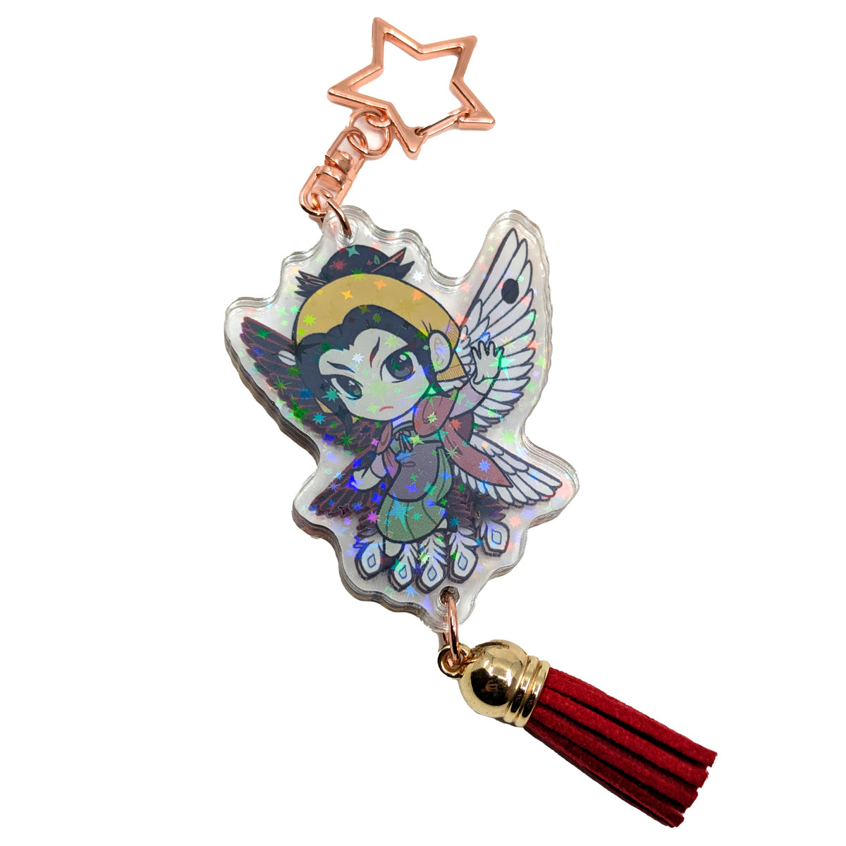 A product photo of Side 2 of the Zetian Holographic Charm. Zetian illustrated with black and white yin and yang bird wings behind them and traditional, muted clothing. The charm has a gold star shaped clasp, a red tassel, and the acrylic has a holographic effect.